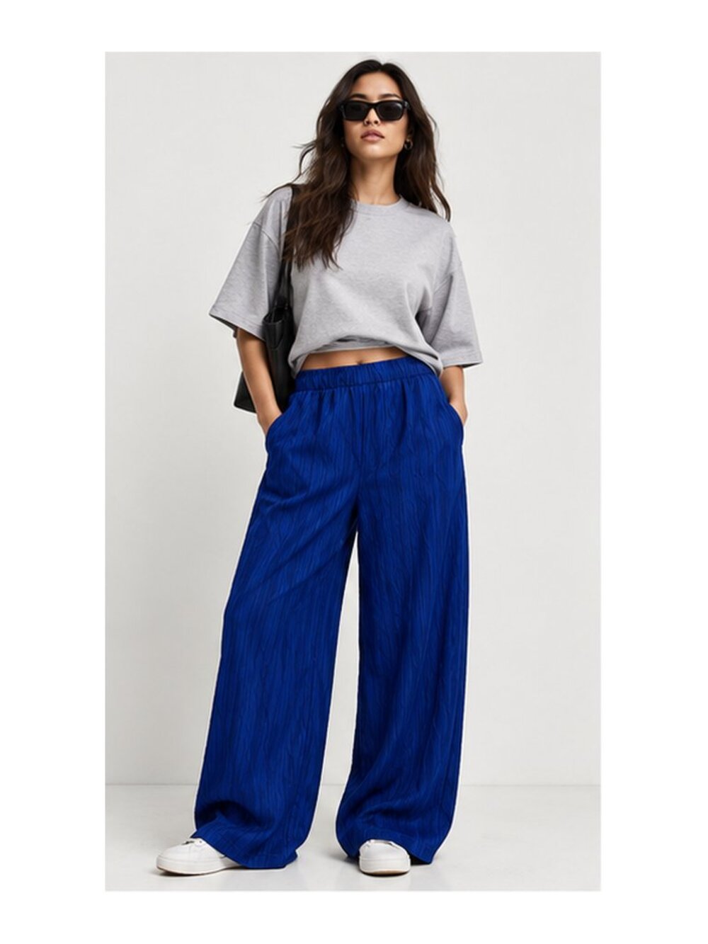 Topshop Crinkle Plissé Wide-Leg Pants – Cobalt Blue, Size S (US 6)